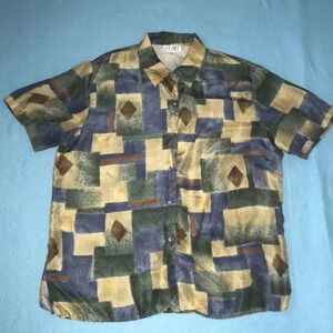 𝅺STUNT vintage silk short sleeve button up patchwork print top size L